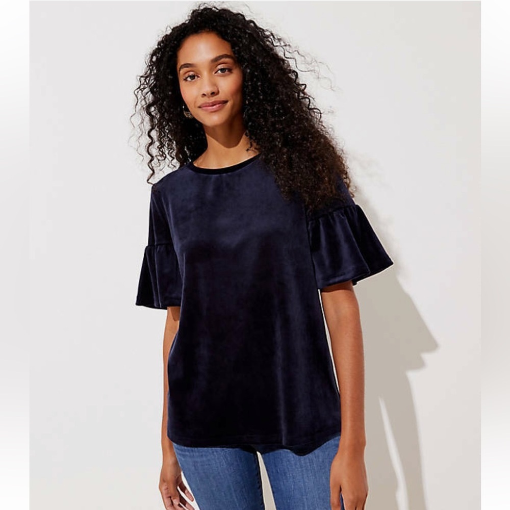 LOFT Midnight Blue Velvet short bell sleeve top size small